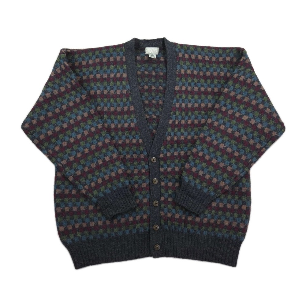 Vintage Christopher Hayes Shetland Wool Sweater Cardigan Mens XL Geometric Check